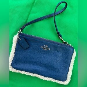 Coach Blue Pebbled Leather Wristlet with Shearling Trim